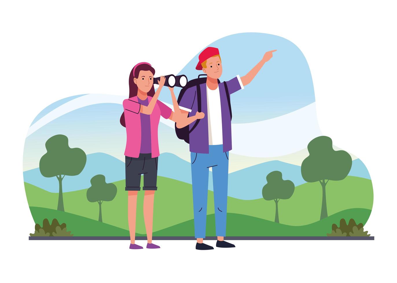 tourists couple standing with binoculars on the camp characters vector
