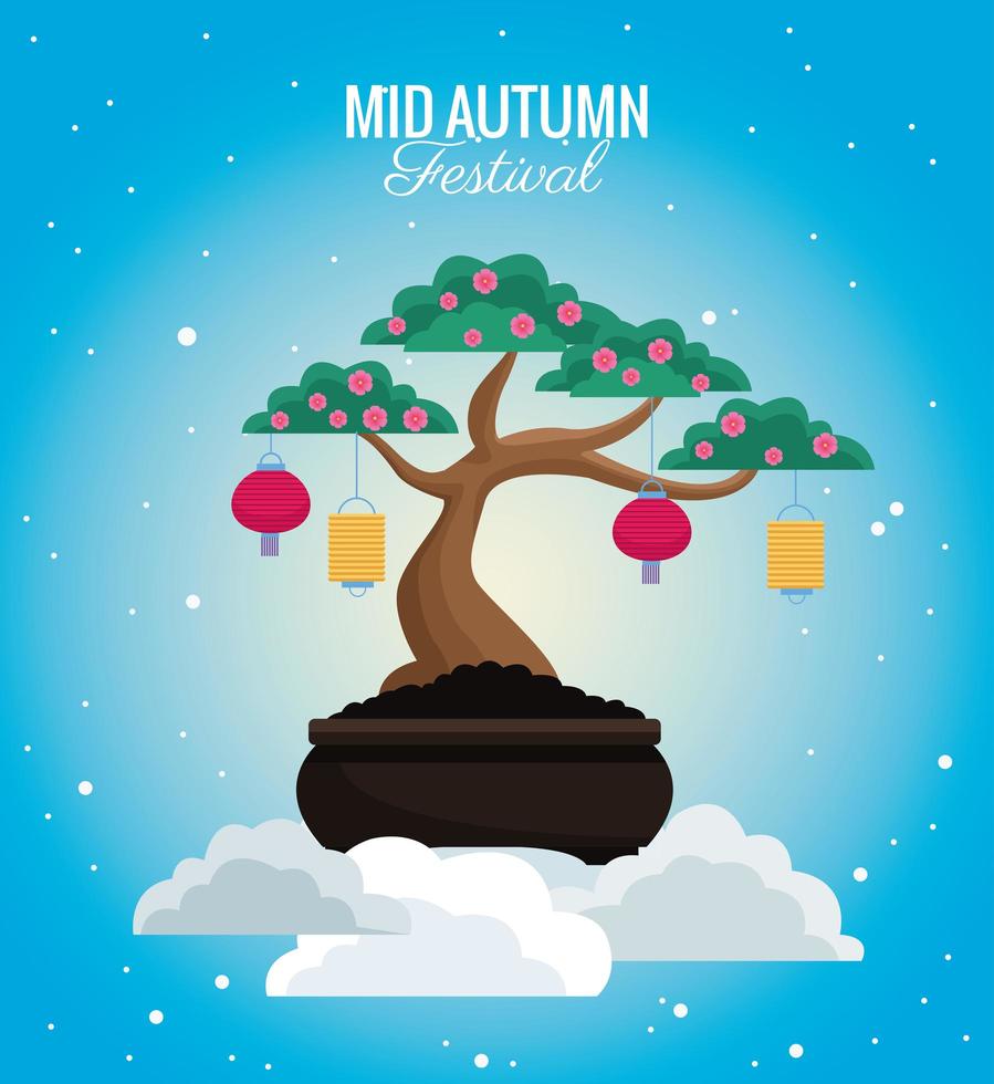 tarjeta de celebración de mediados de otoño con bonsai lindo en la escena de la nube vector