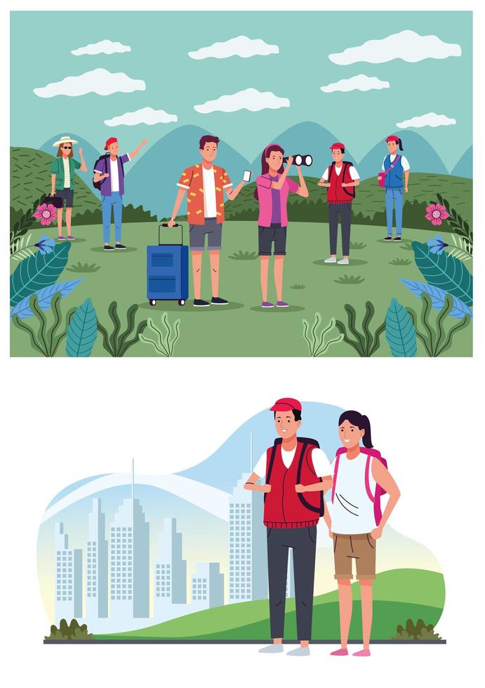 tourists people group on the landscape vector