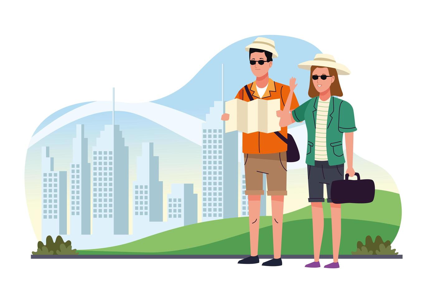 tourists couple standing with papermap on the city characters vector