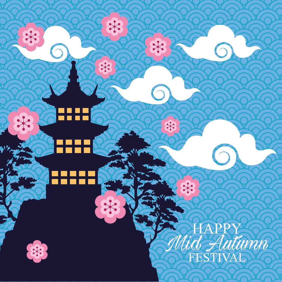 happy mid autumn festival card with castle and flowers vector