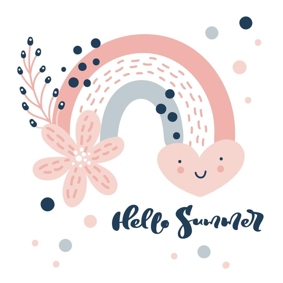 Poster Vector rainbow with heart and rain dots in cartoon scandinavian style text hello summer and flowers bouquet isolated on white background for kids