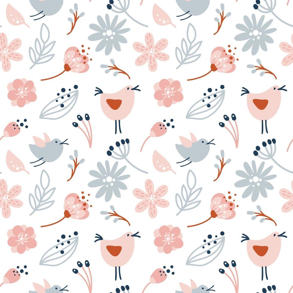 Seamless pattern with birds leaves and flowers summer vector