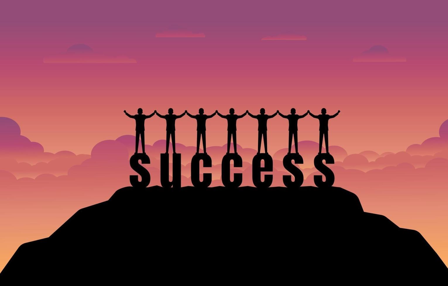 Businessman team stands on success text with sunset background 2526309
