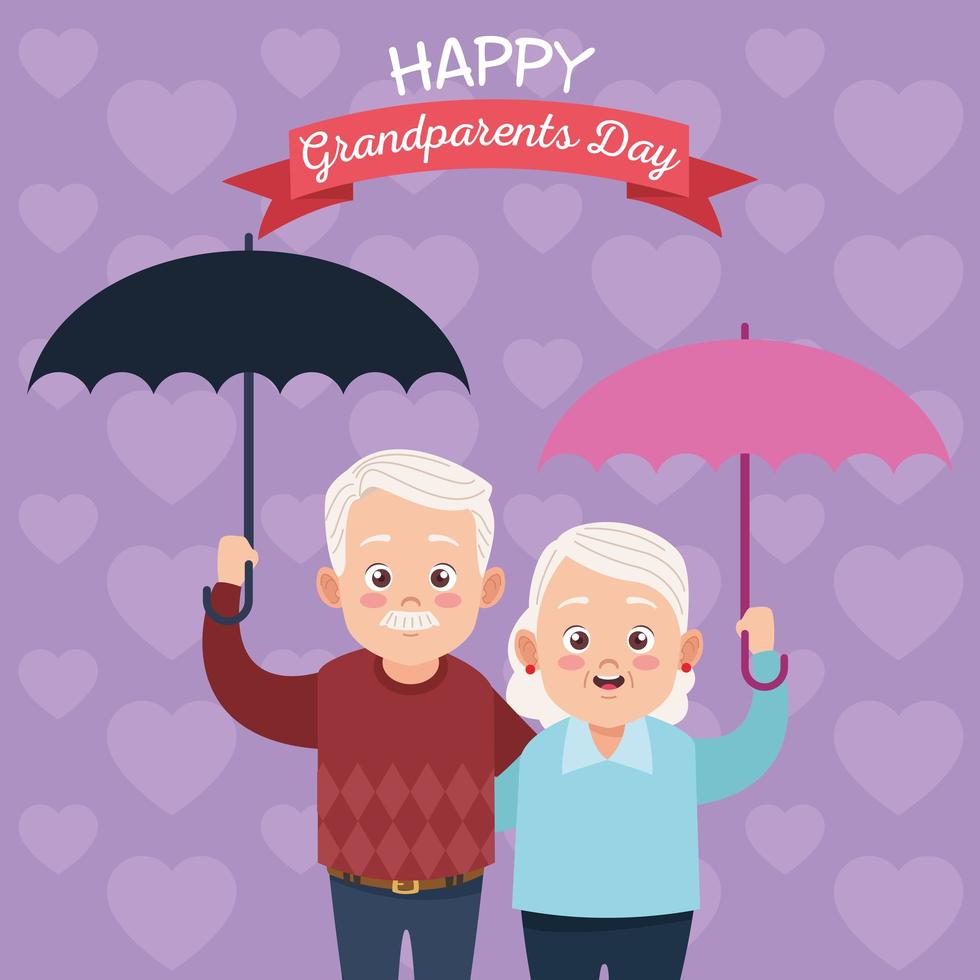 cute happy grandparents couple with umbrellas avatars characters vector