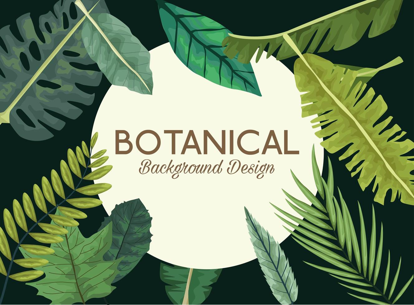 hojas tropicales en marco circular y diseño de fondo botánico de letras vector