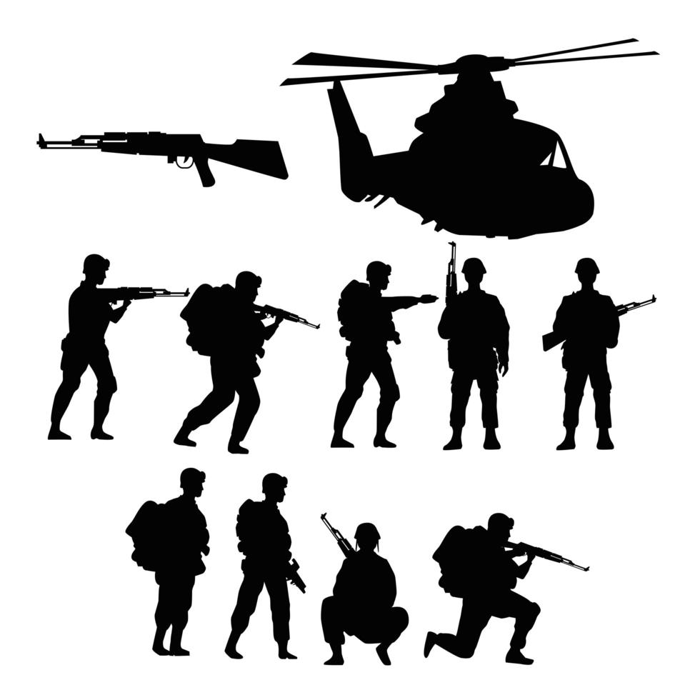 military soldiers with guns and helicopter silhouettes vector