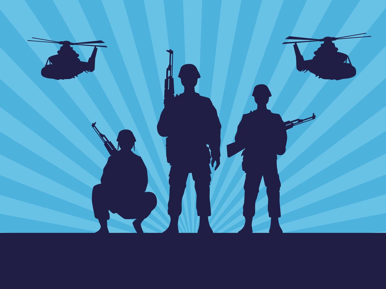 Soldados militares con pistolas y helicópteros siluetas en fondo azul. vector