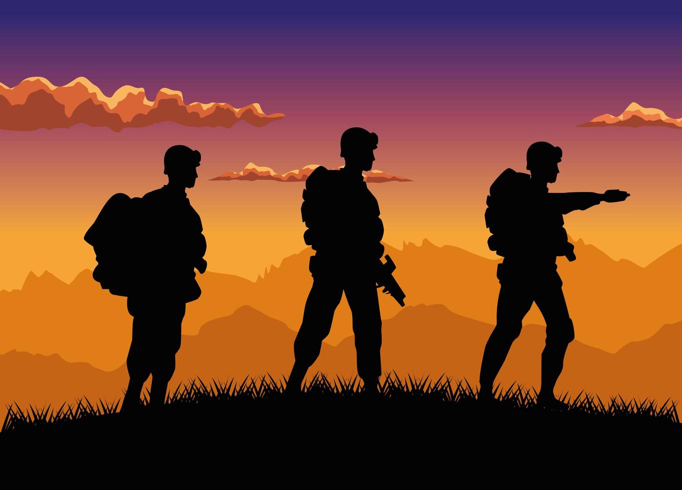 military soldiers silhouettes figures in the camp sunset scene vector