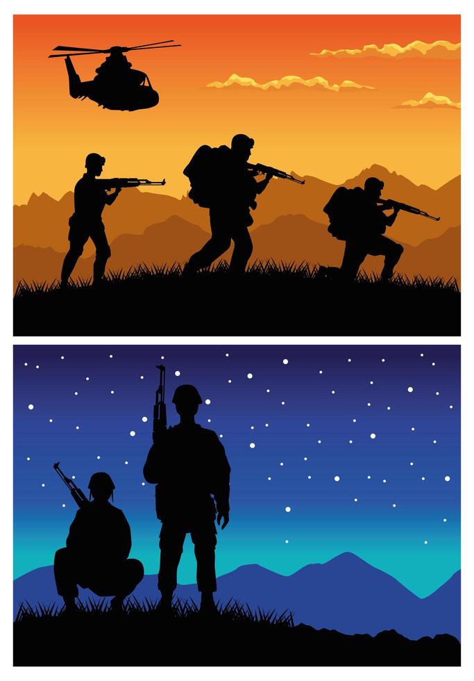 military soldiers with guns and helicopters silhouettes vector