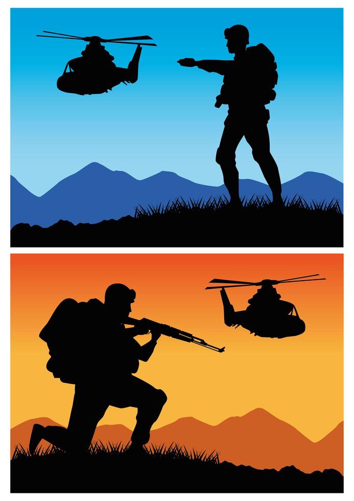 military soldiers with guns and helicopters silhouettes vector