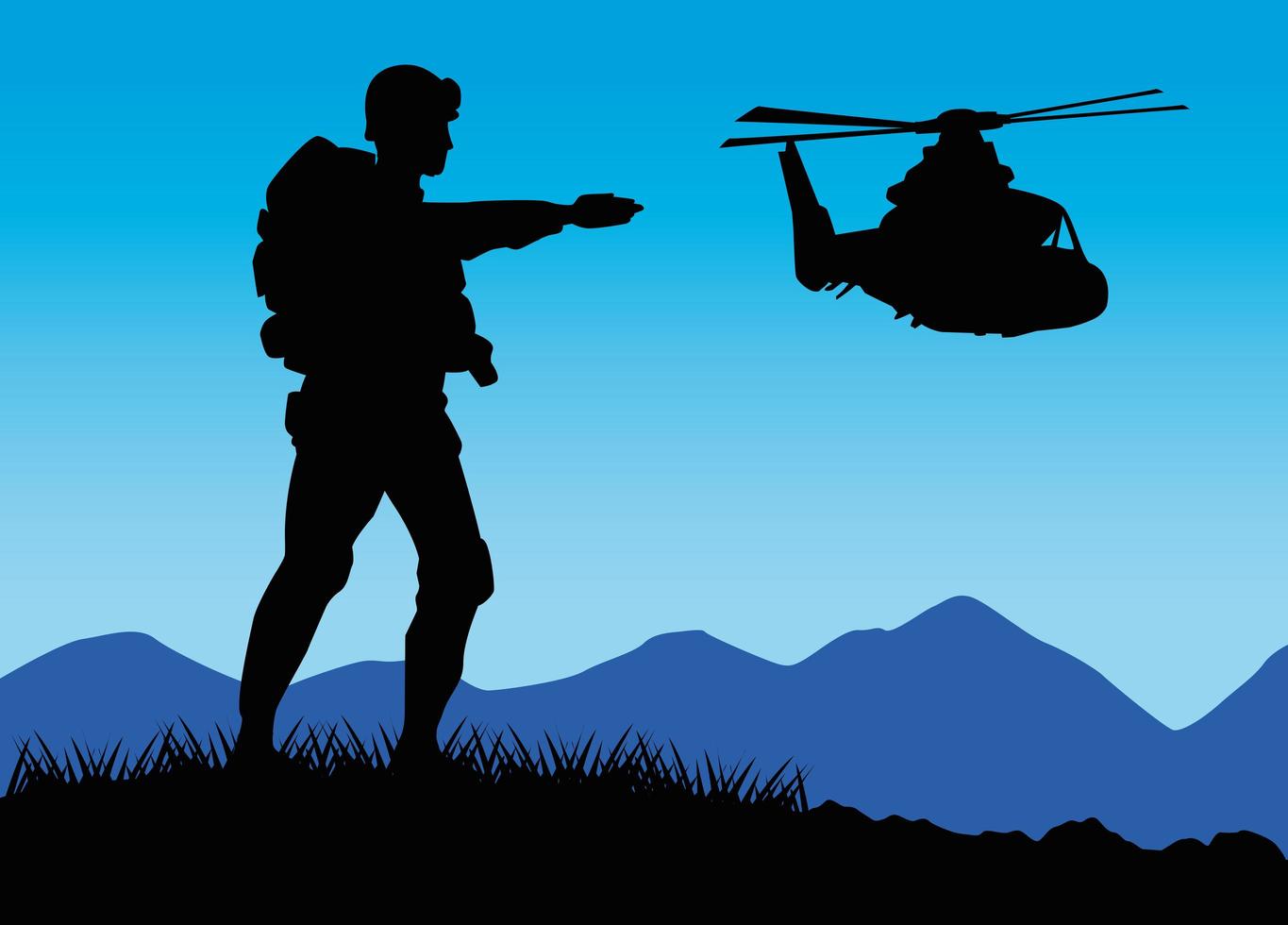 military soldier silhouette figure with helicopter vector