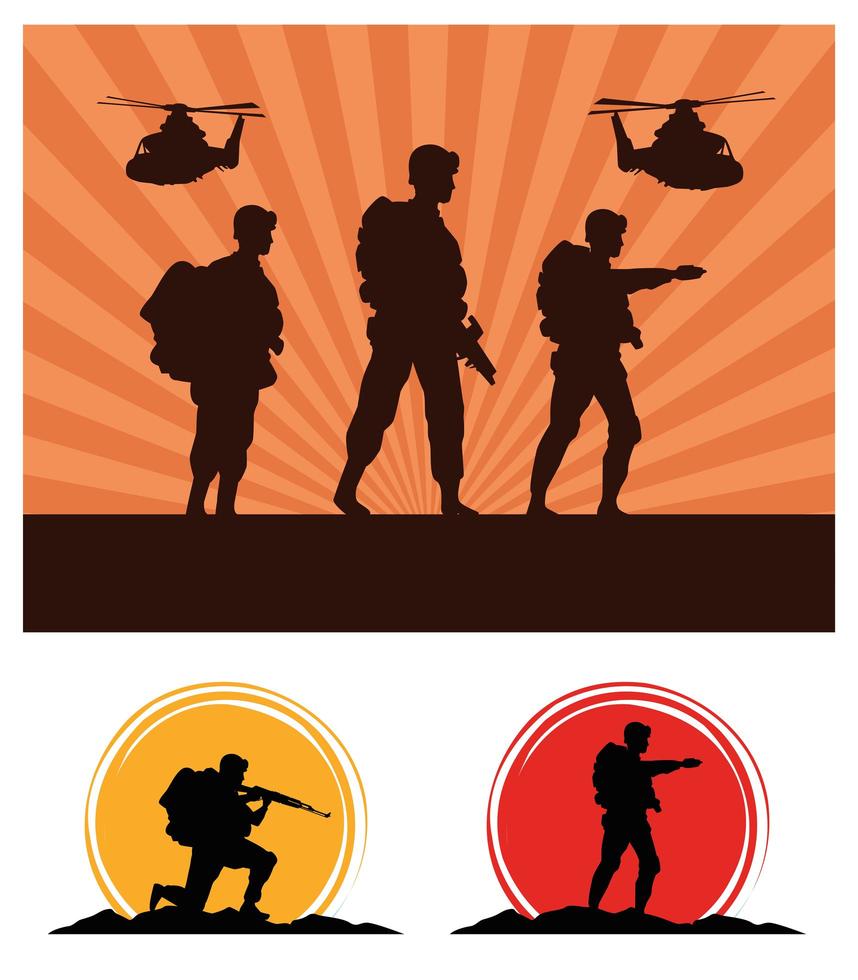 military soldiers with guns and helicopters silhouettes vector