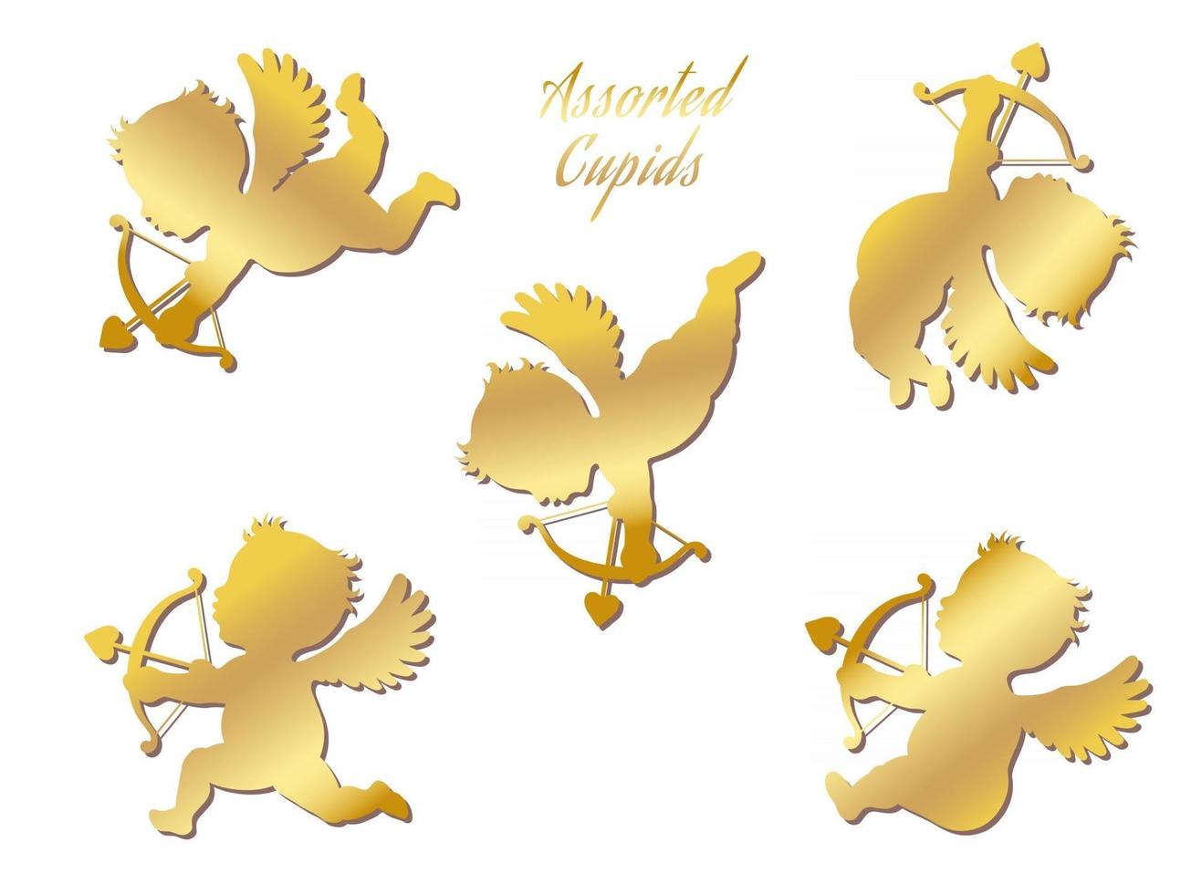 Cupidos de oro en varias poses conjunto aislado sobre un fondo blanco. vector