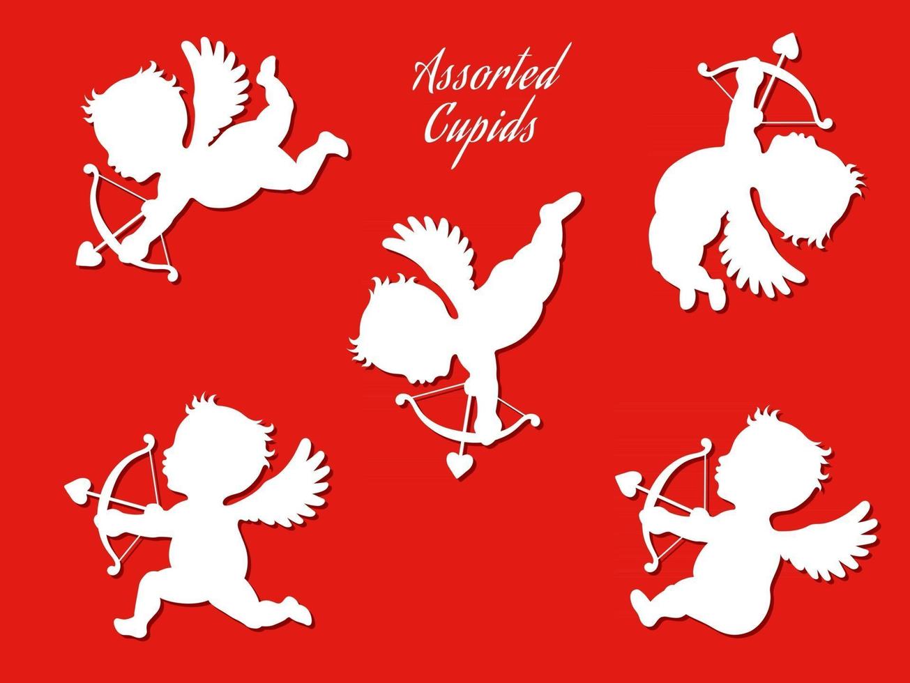 Cupidos blancos en varias poses conjunto aislado sobre un fondo rojo. vector