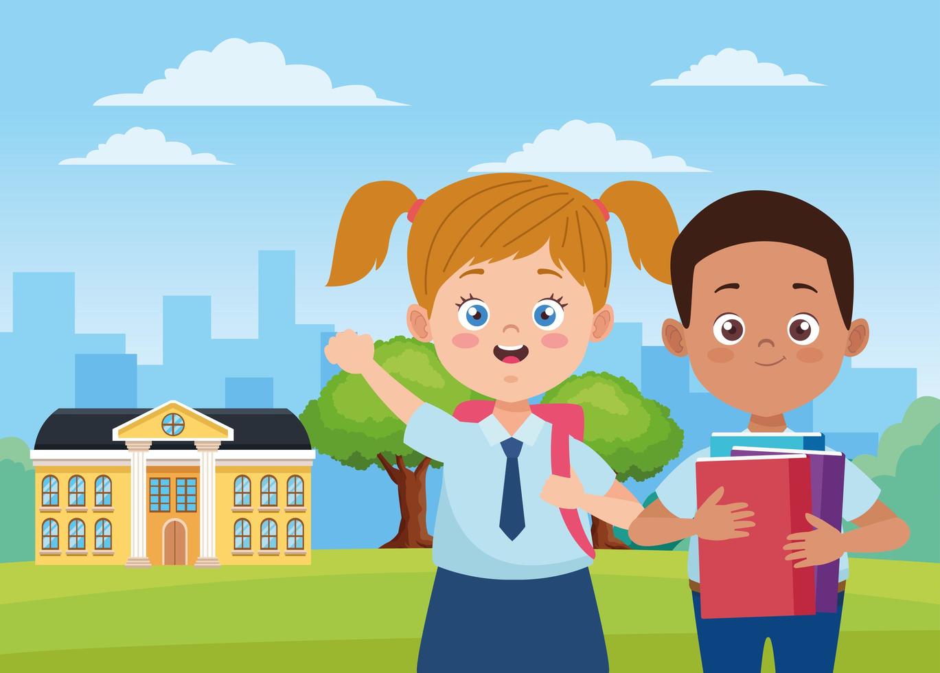 little students couple with uniforms and book characters vector