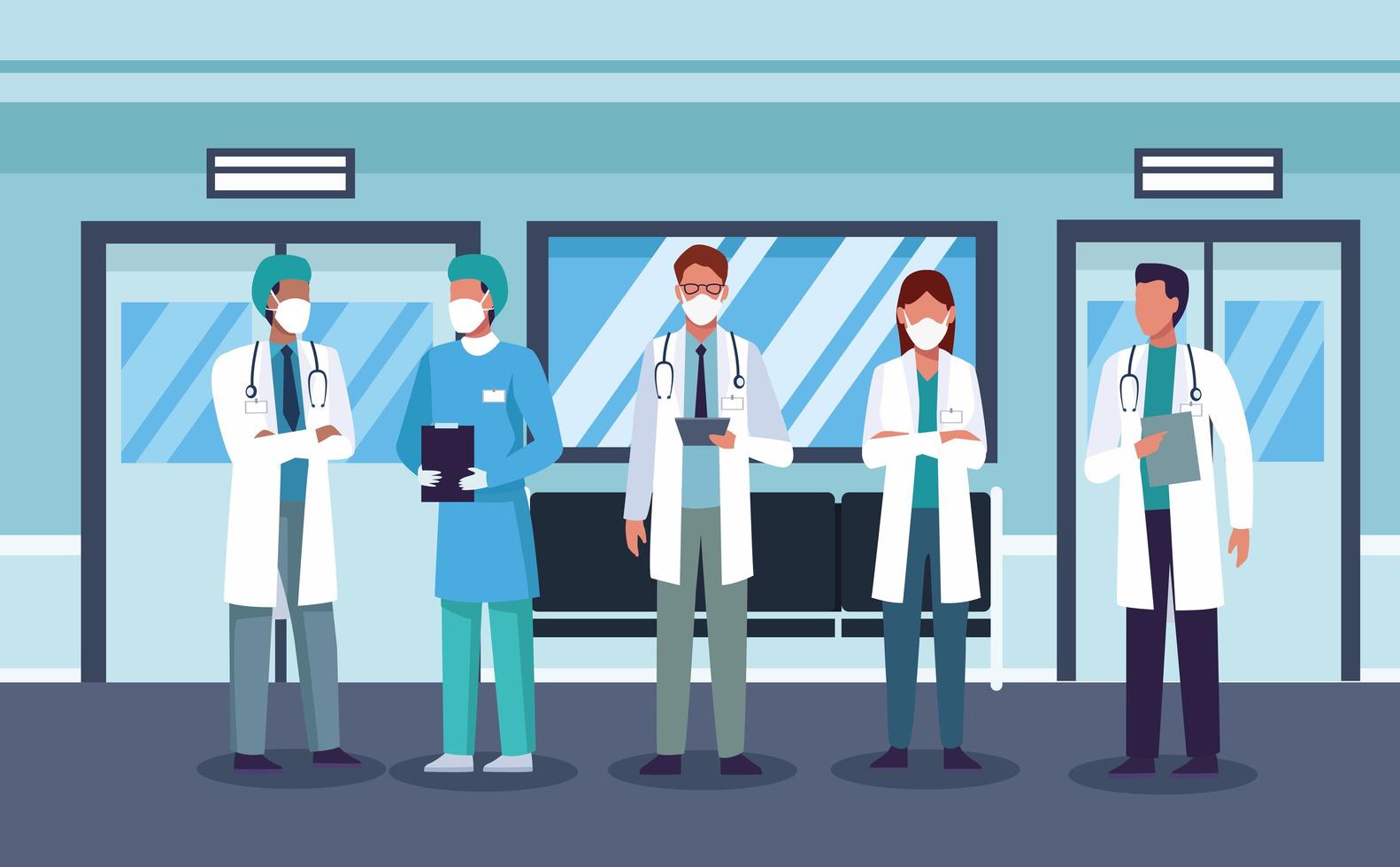 Grupo de personal médico con máscara médica en el pasillo del hospital. vector