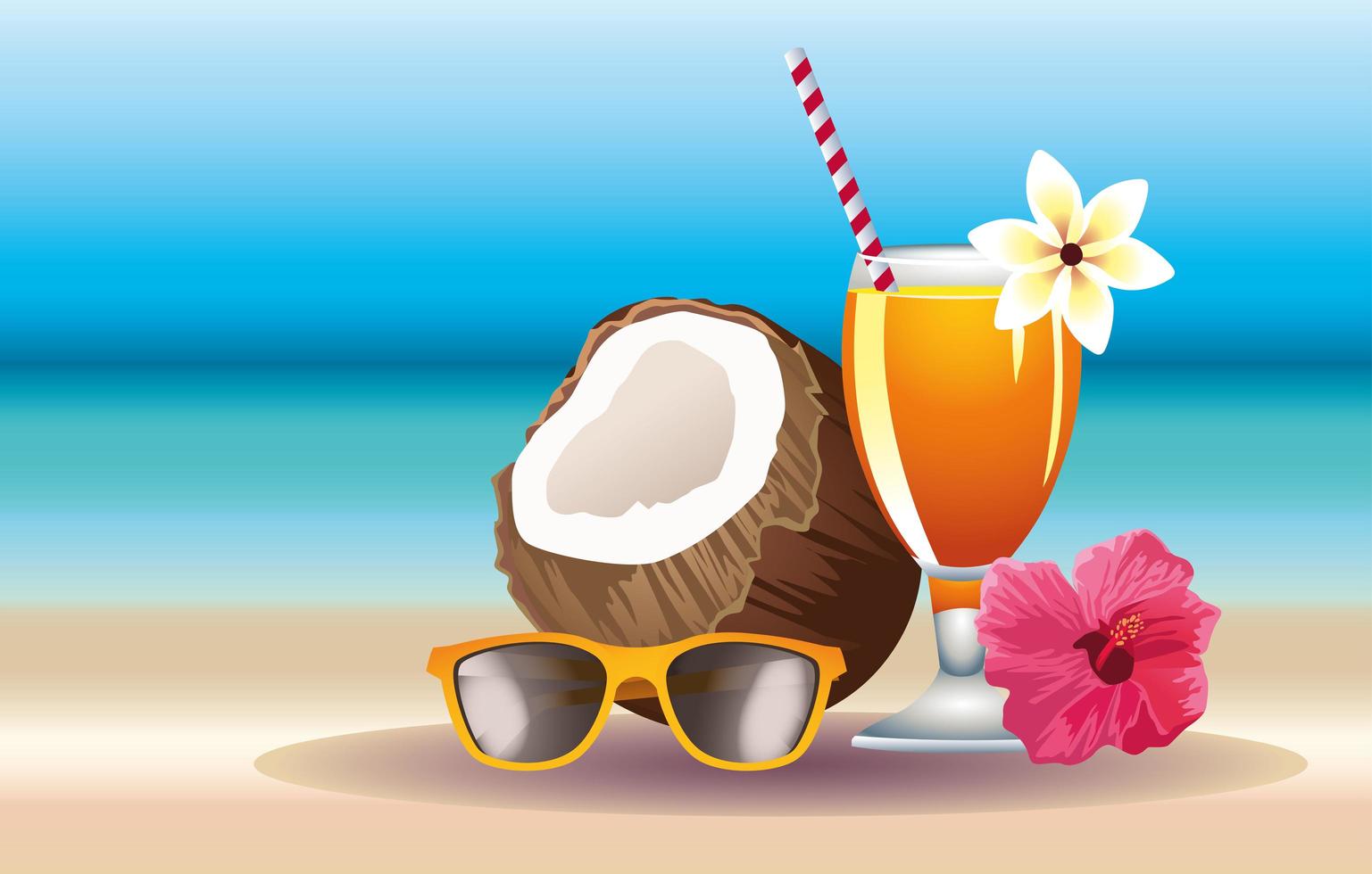 hello summer season holiday with coconut and cocktail vector