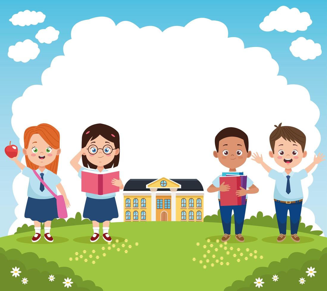 little students group with uniforms in the school characters vector