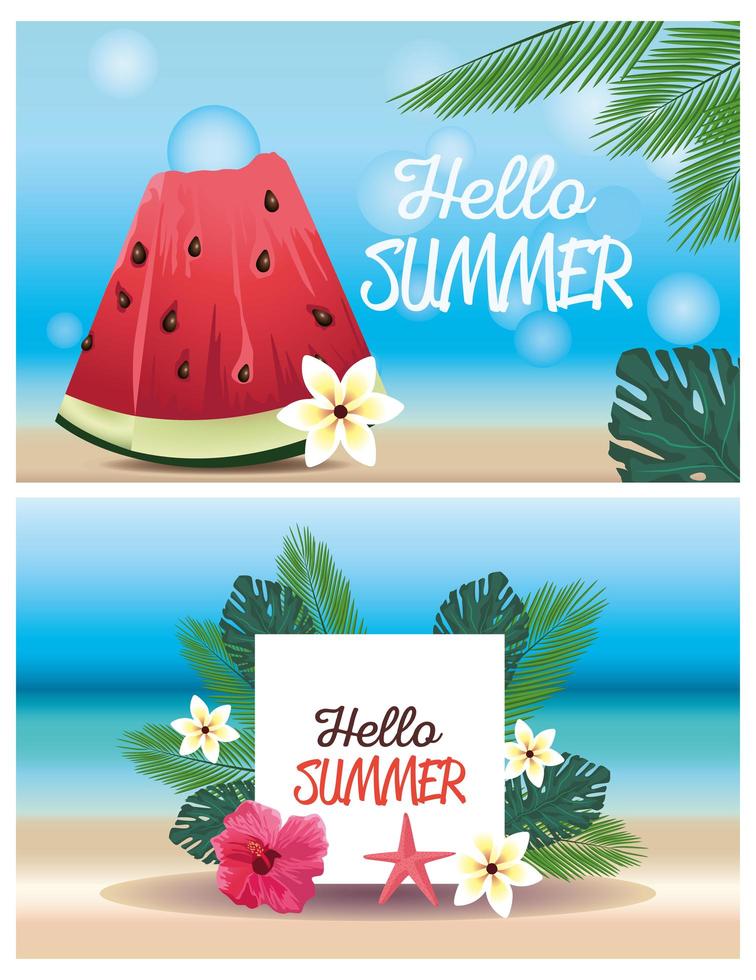 hola vacaciones de temporada de verano con sandía y flores vector