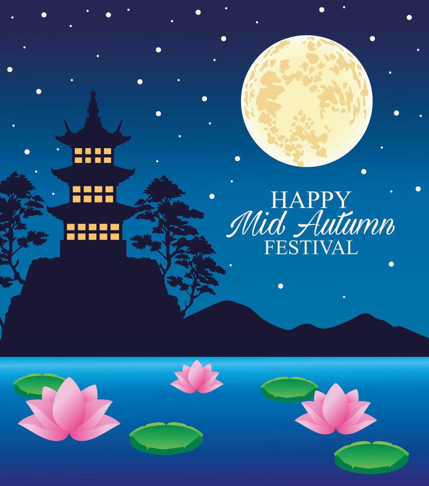 happy mid autumn festival card with castle and moon vector