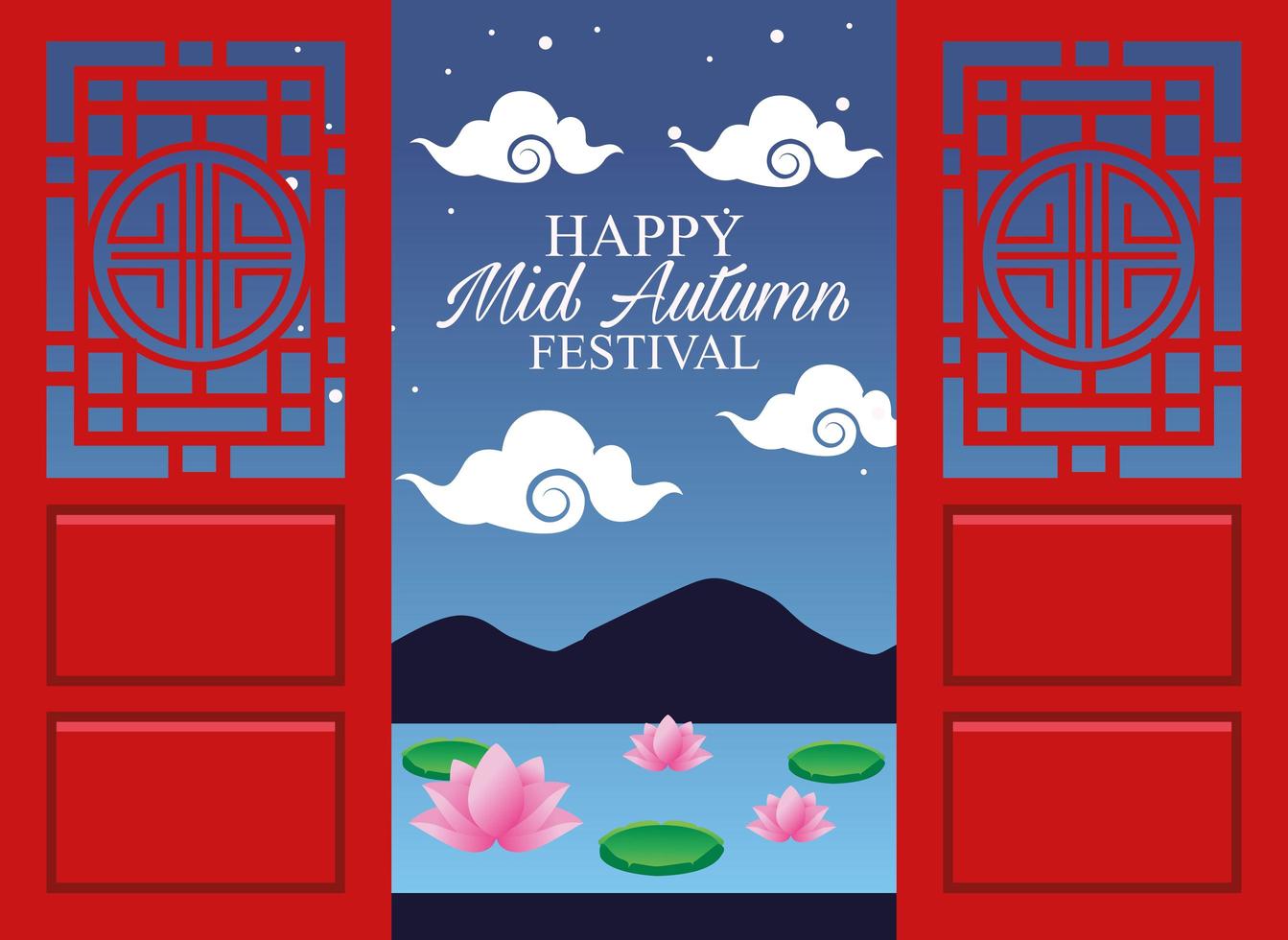 happy mid autumn festival card with lake and clouds scene vector