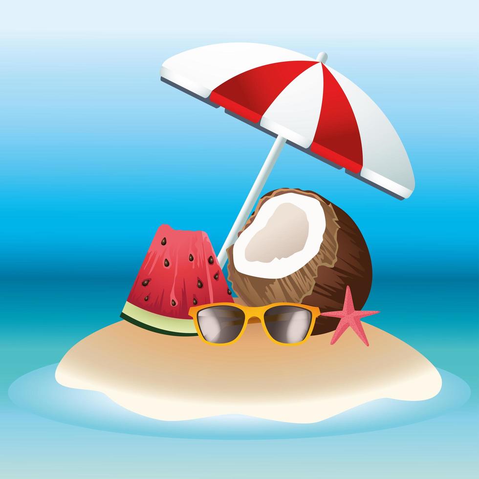 hello summer season holiday with coconut and umbrella vector