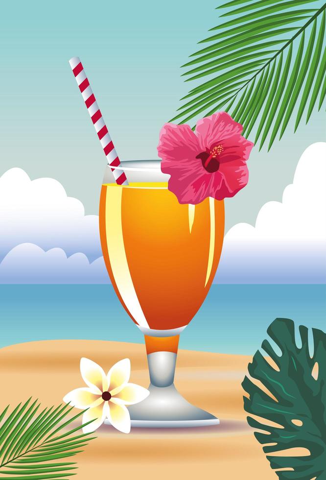 hello summer season holiday with tropical cocktail cup vector