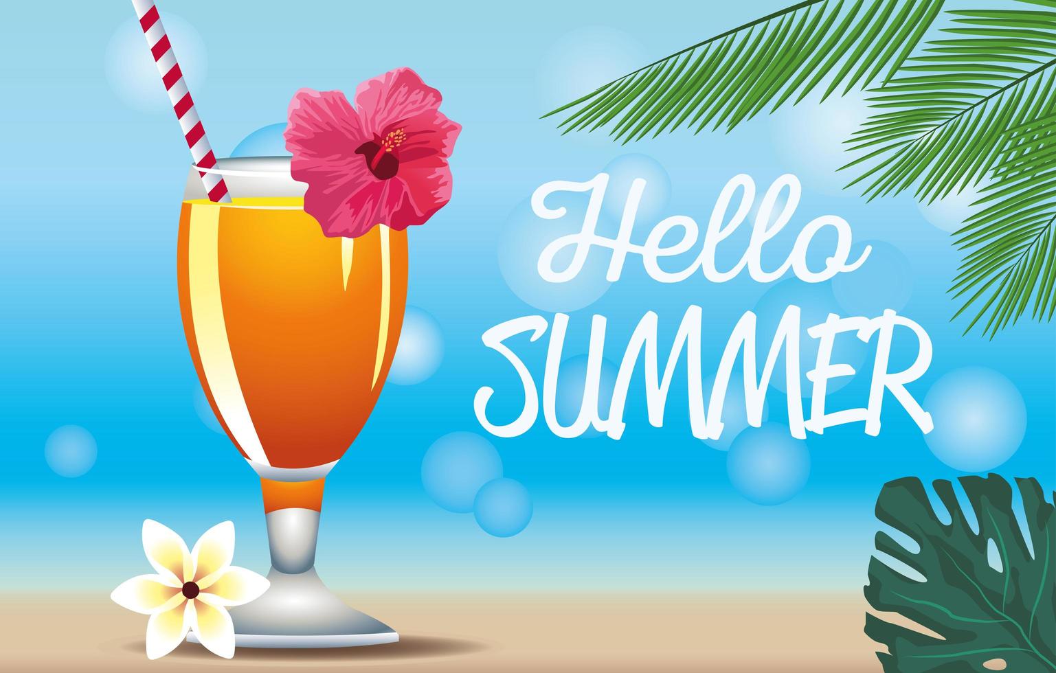 hello summer season holiday with tropical cocktail cup vector