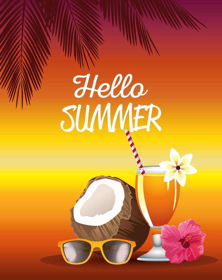 hello summer season holiday with coconut and cocktail vector