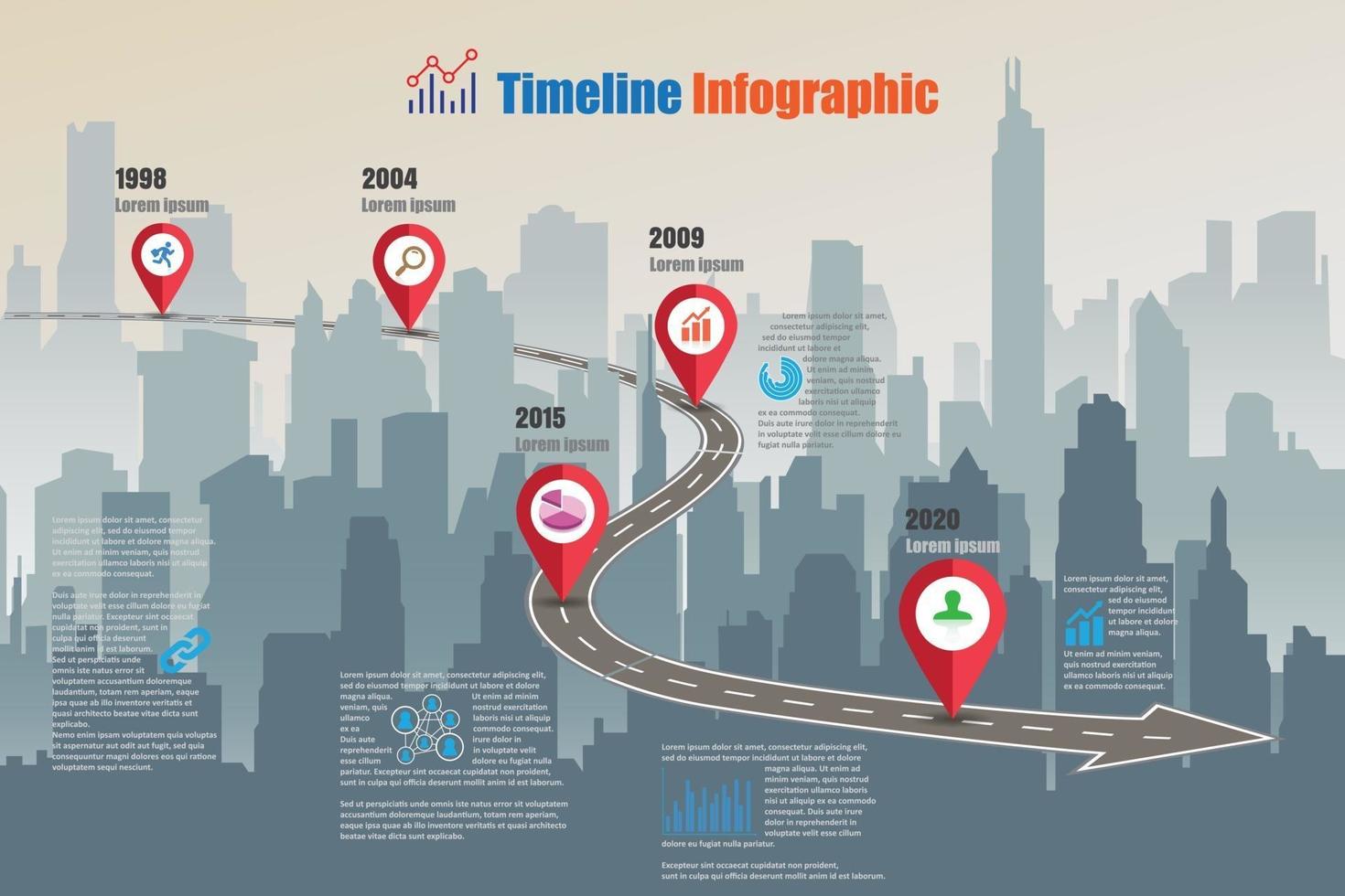 mapa de ruta de negocios ciudad de infografía de línea de tiempo diseñada para fondo abstracto plantilla elemento de hito diagrama moderno tecnología de proceso marketing digital presentación de datos gráfico ilustración vectorial vector