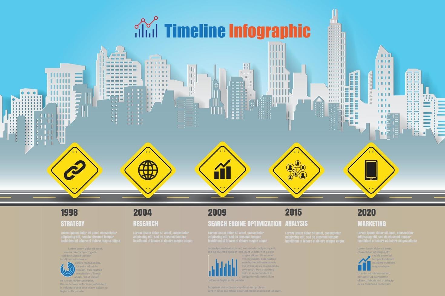 mapa de ruta de negocios ciudad de infografía línea de tiempo con señal de tráfico plantilla diseñada elemento de hito diagrama moderno tecnología de proceso marketing digital presentación de datos gráfico ilustración vectorial vector