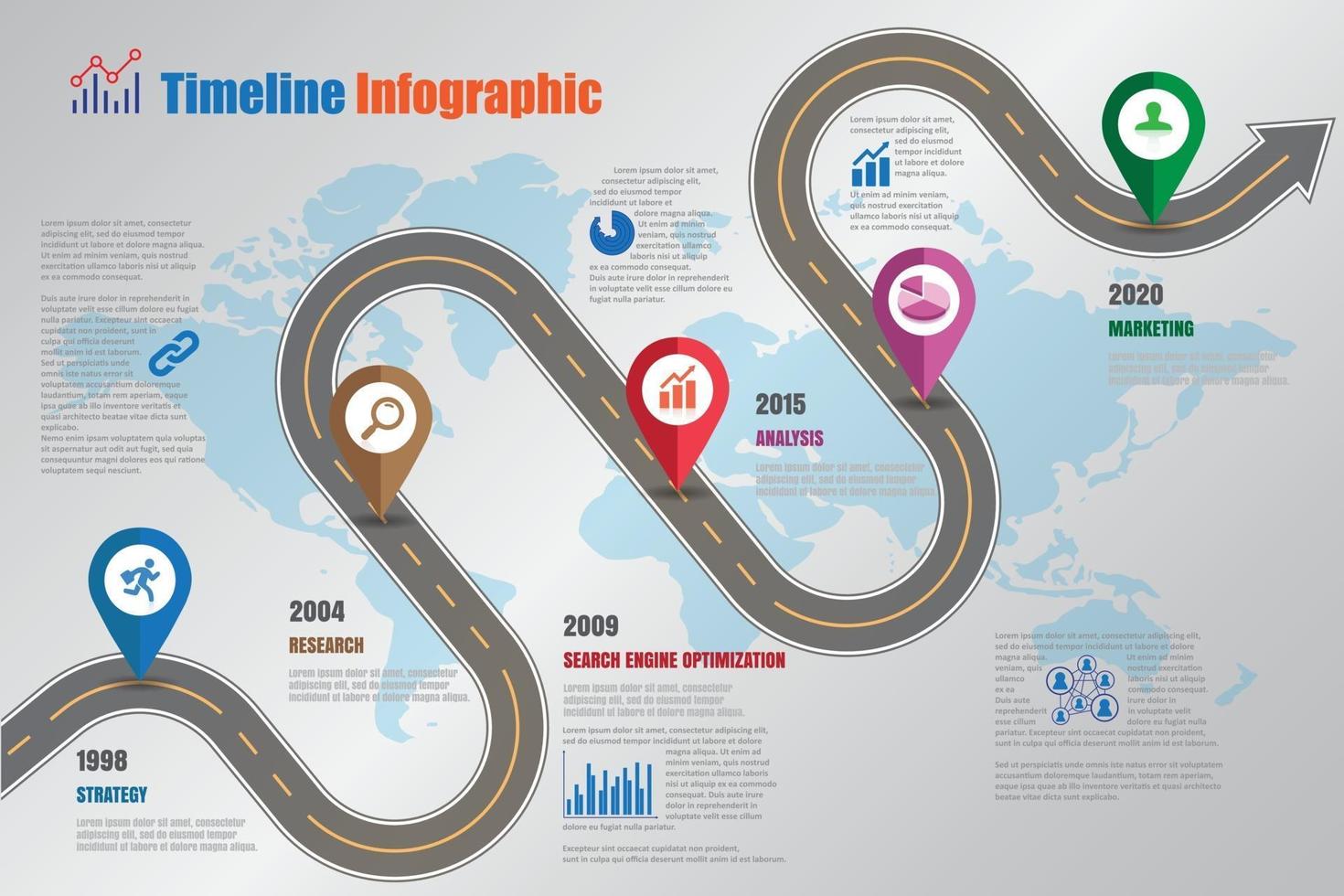 Iconos de infografía de línea de tiempo de hoja de ruta de negocios diseñados para elemento de plantilla de fondo abstracto proceso de diagrama moderno páginas web tecnología marketing digital presentación de datos gráfico ilustración vectorial vector