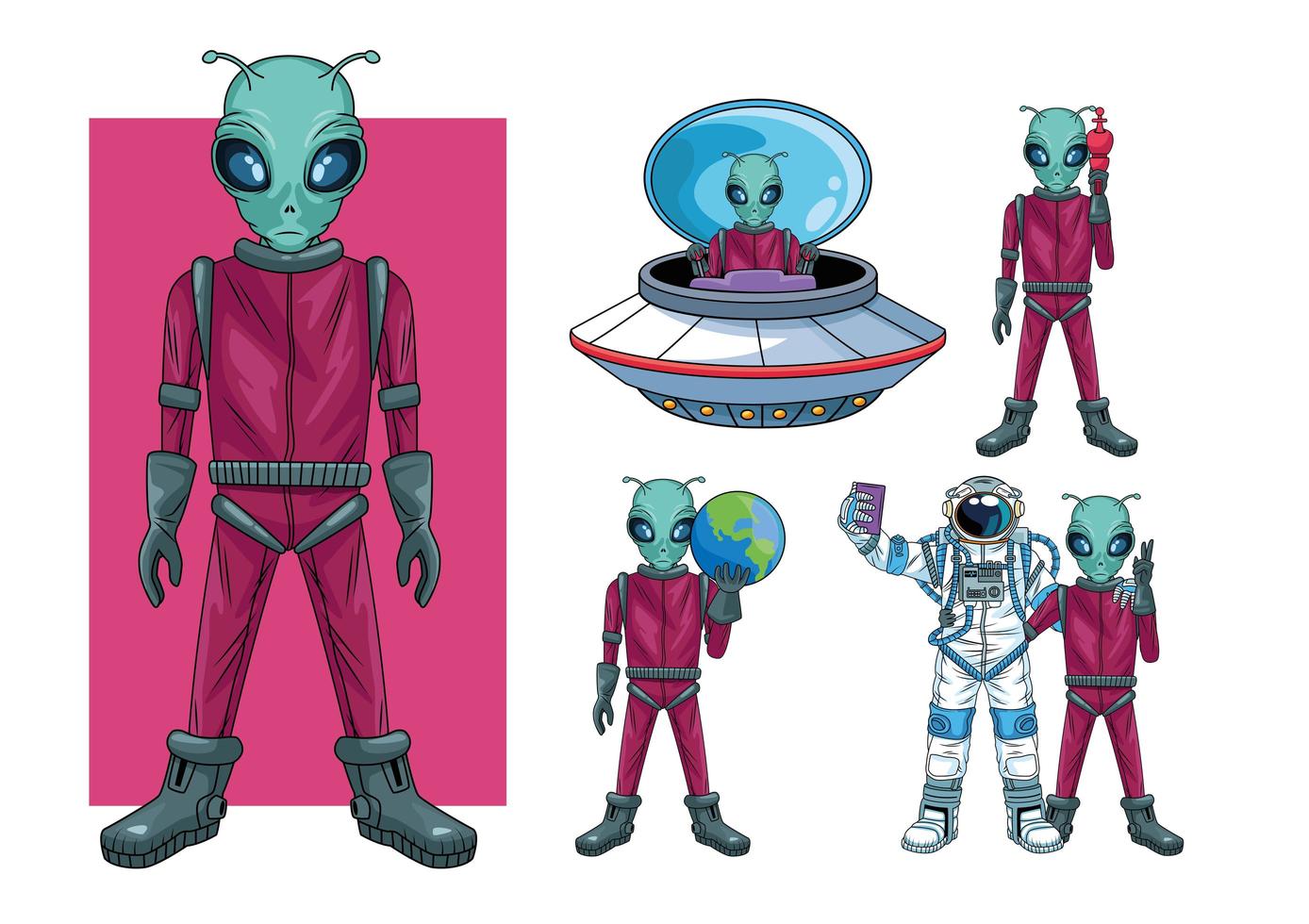 aliens and astronaut in the space characters vector