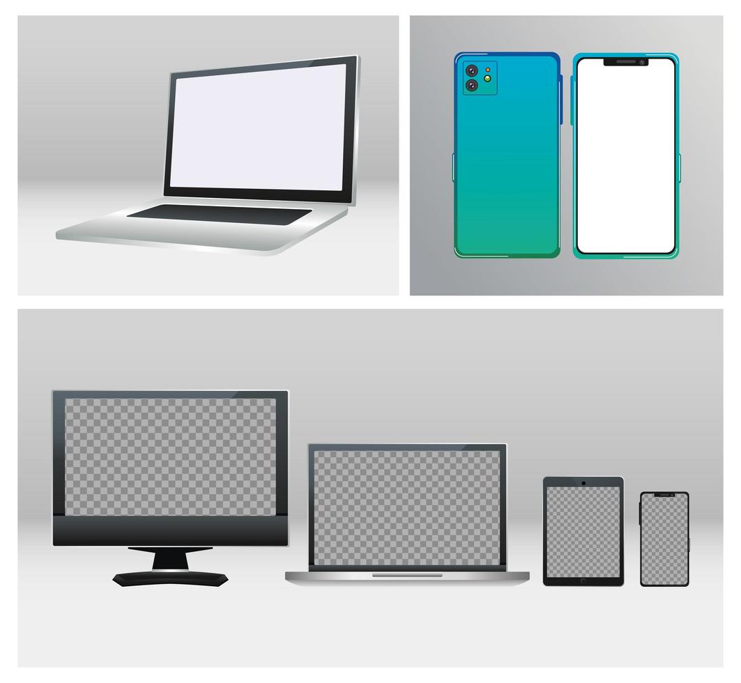laptop and desktop computers with smartphones vector