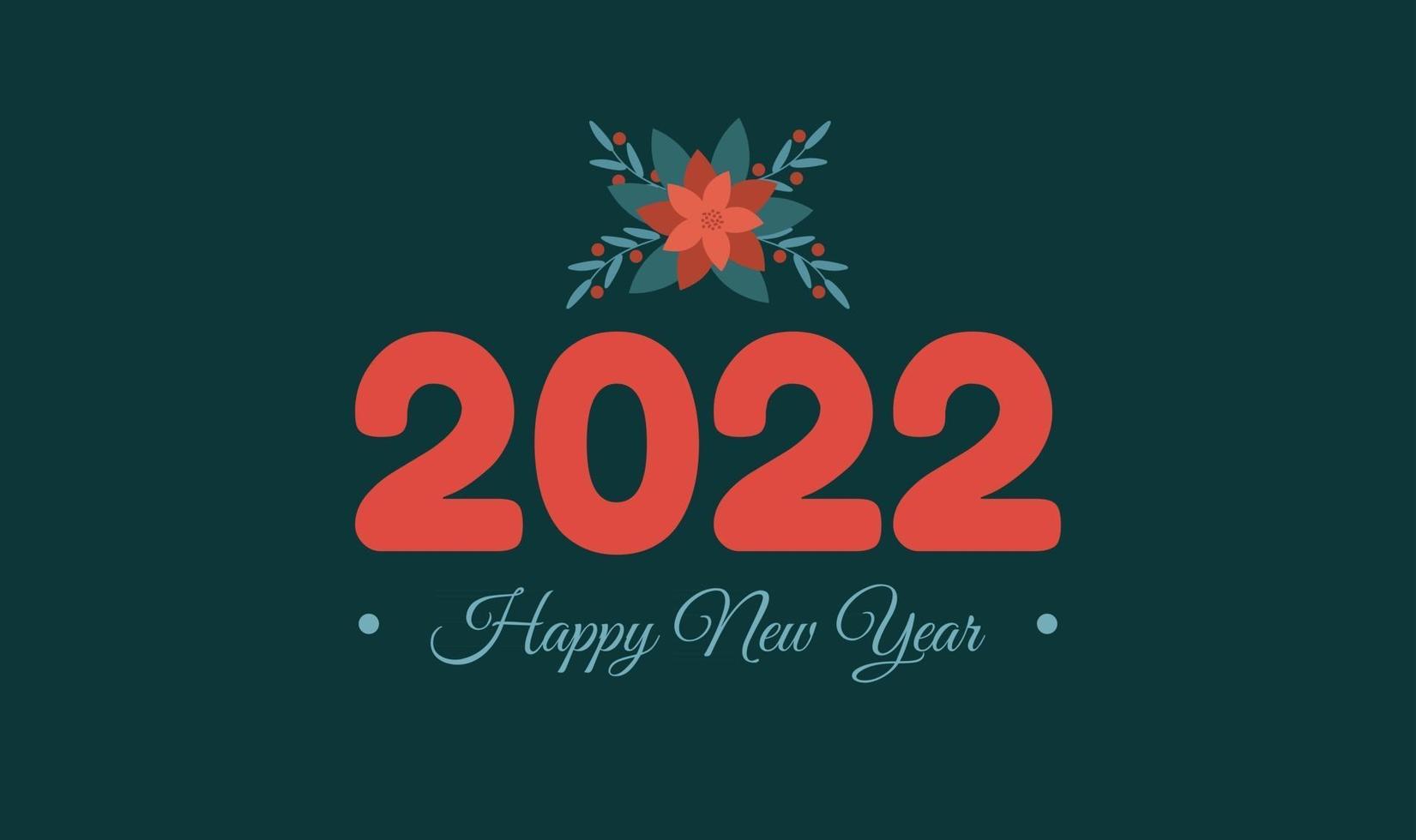 Feliz año nuevo 2022 banner horizontal o plantilla de tarjeta de felicitación con fondo de vector de dibujos animados de elemento de Navidad de poinsettia