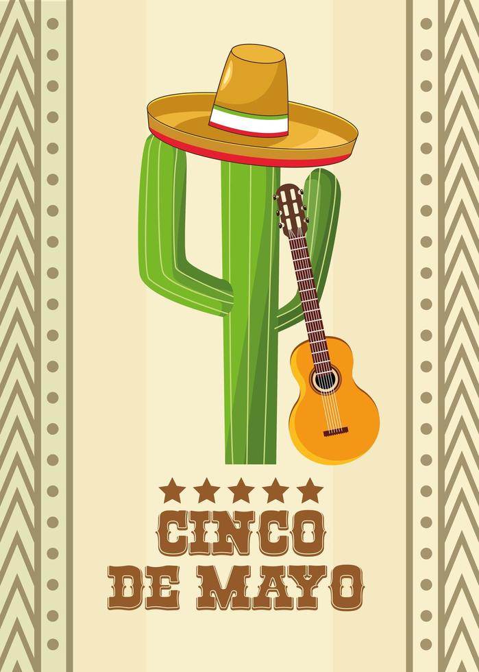 cinco de mayo celebration with cactu and mexican hat vector