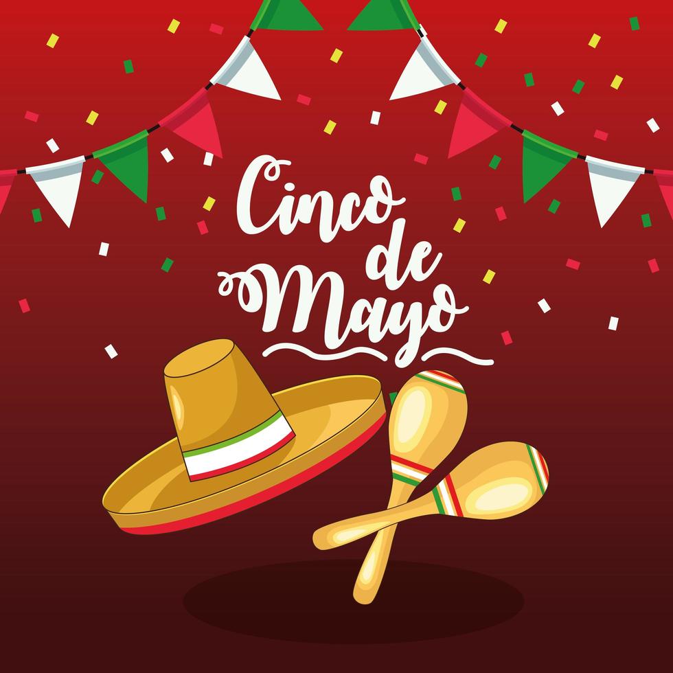 cinco de mayo celebration with mariachi hat and maracas vector