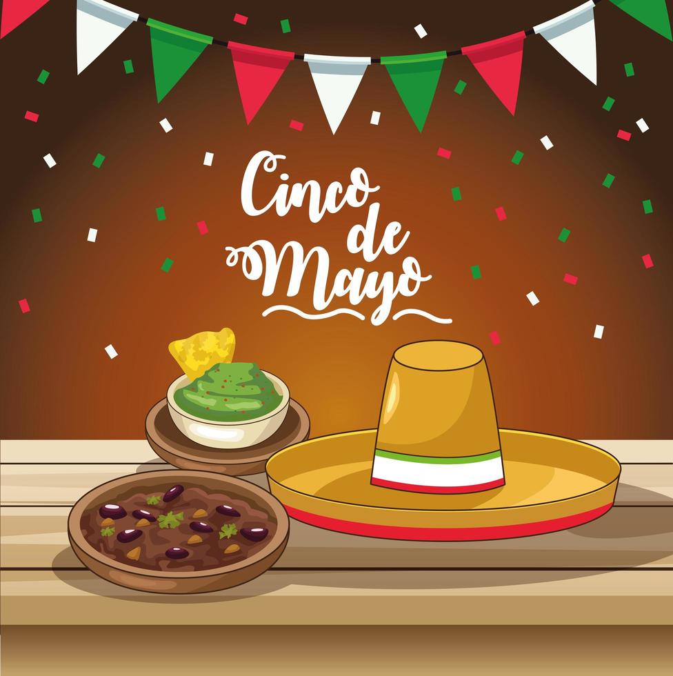 celebración del cinco de mayo con deliciosa comida y sombrero vector