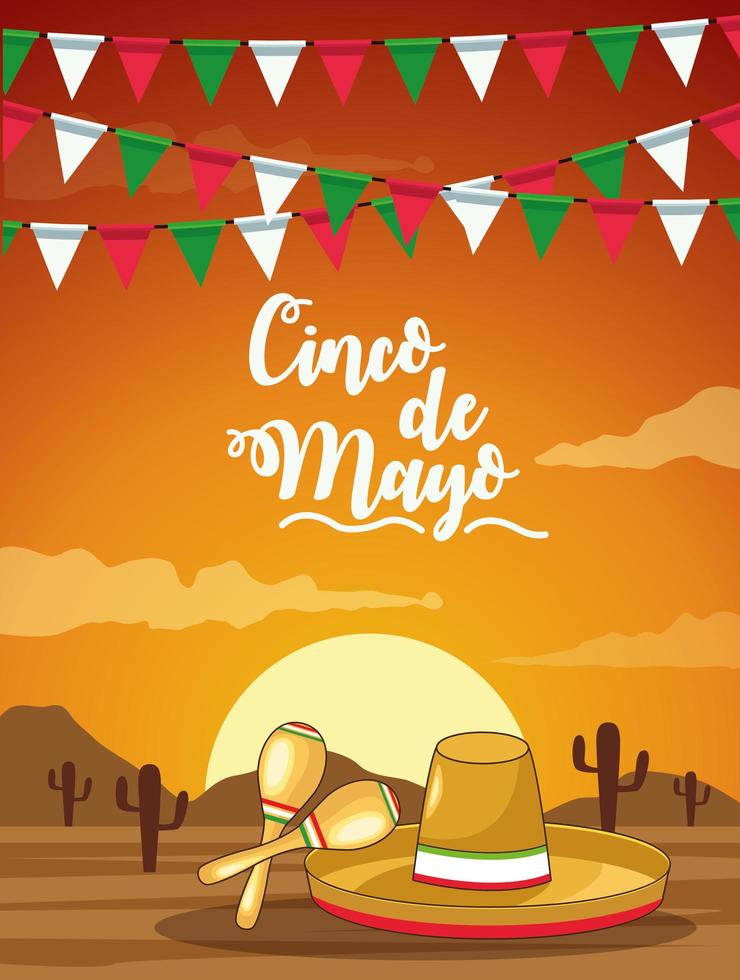 celebración del cinco de mayo con sombrero y maracas escena del desierto vector