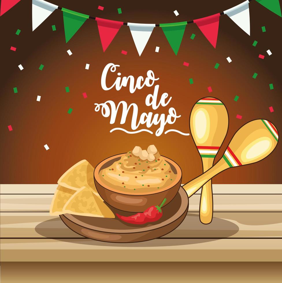 celebración del cinco de mayo con comida deliciosa y maracas vector