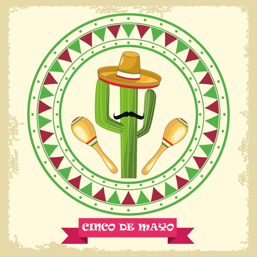 cinco de mayo celebration with cactu and mexican hat circular frame vector