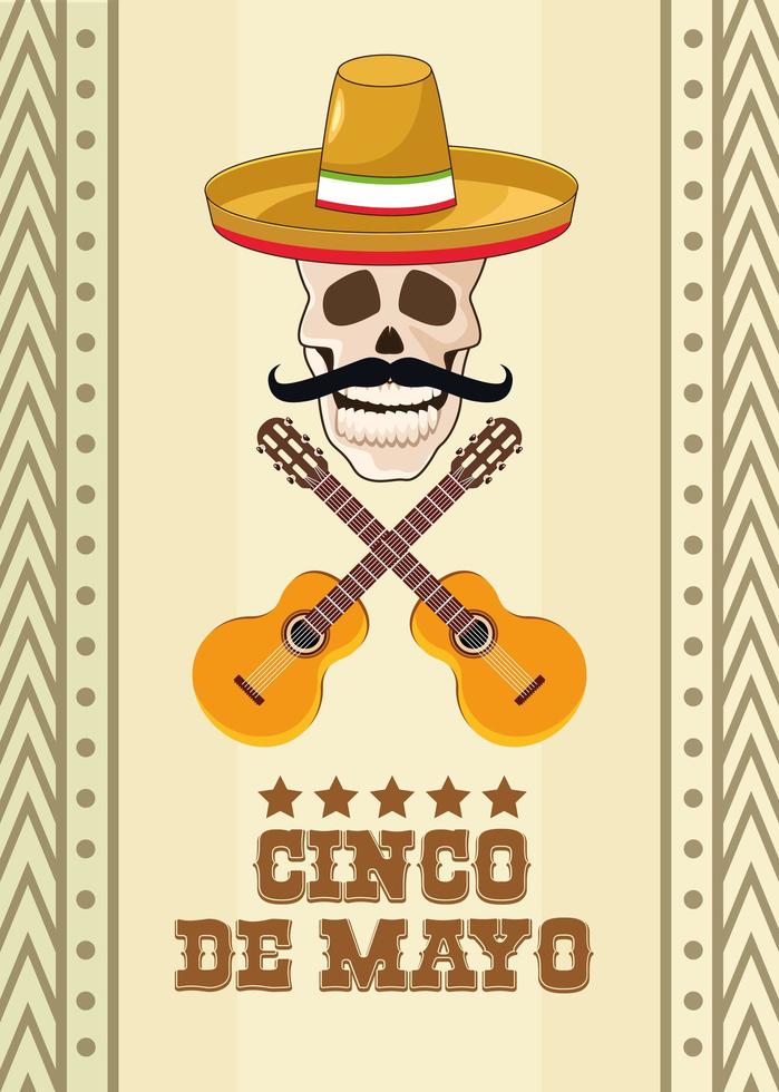 celebración del cinco de mayo con calavera y sombrero mexicano vector