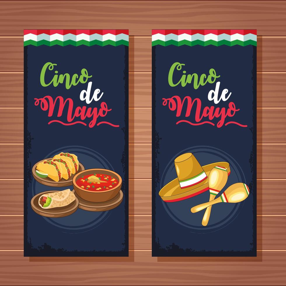 celebración del cinco de mayo con comida mexicana y sombrero vector