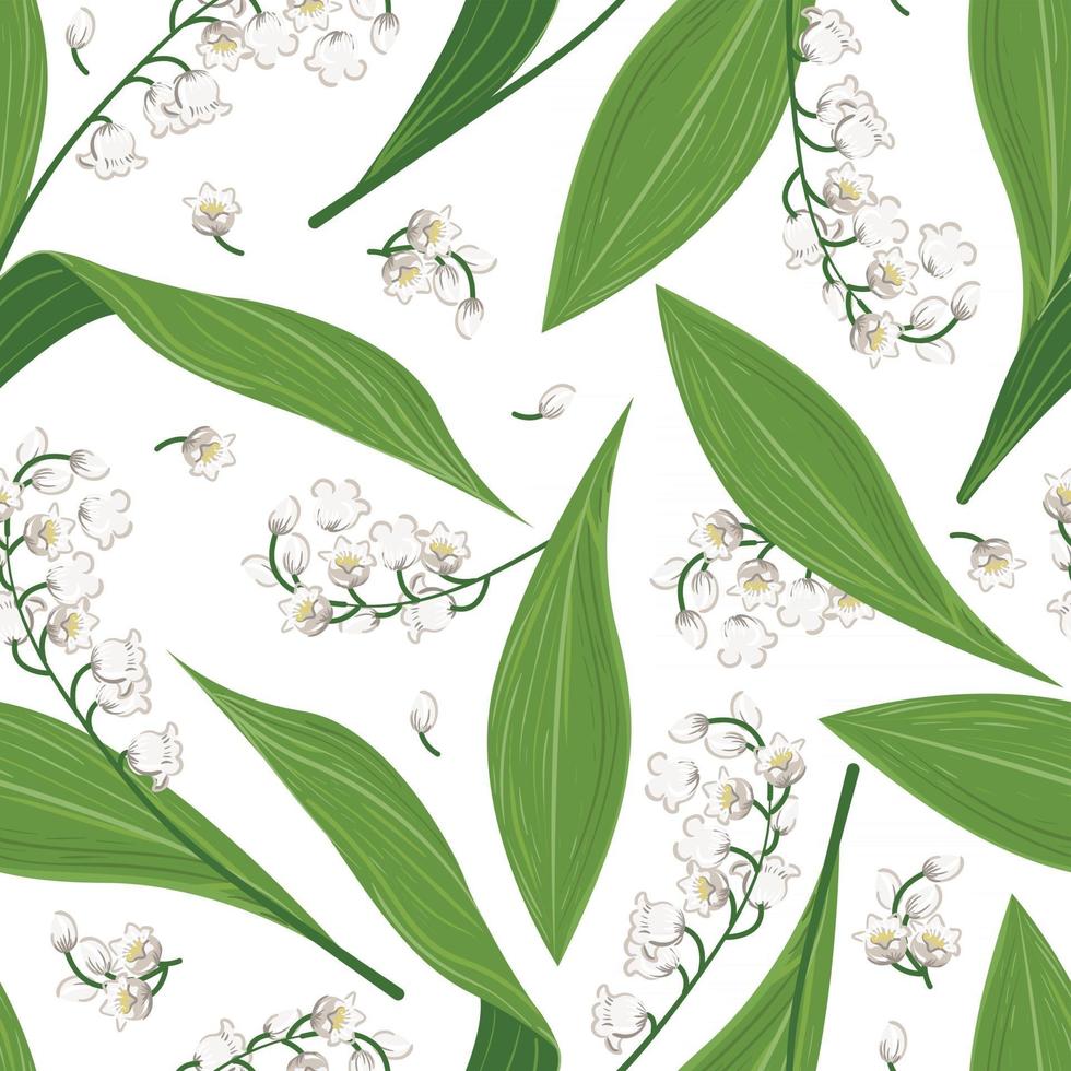 Seamless pattern of spring lily of the valley Endless repeatable design background with plant blossoms white flowers Vector illustration for wrapping