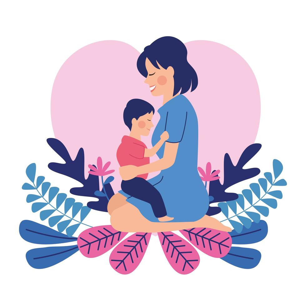 happy mothers day character with son and flowers vector