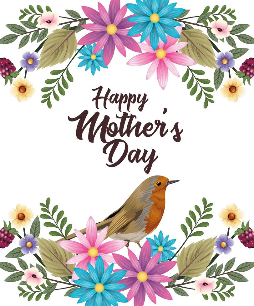 happy mothers day card with flowers and bird vector