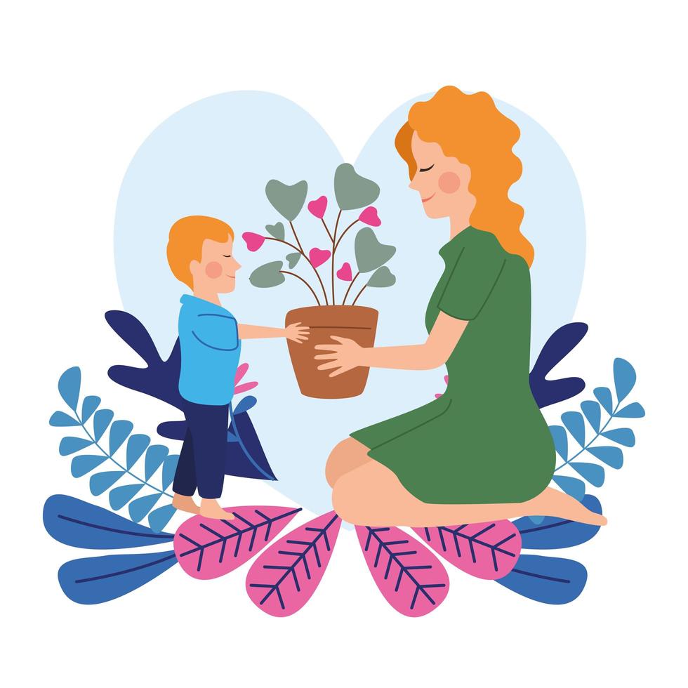 happy mothers day character with son and flowers vector