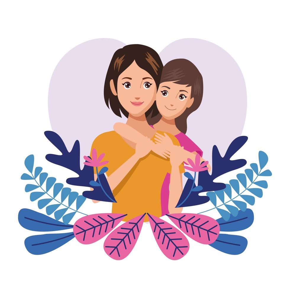 happy mothers day character with daughter and flowers vector