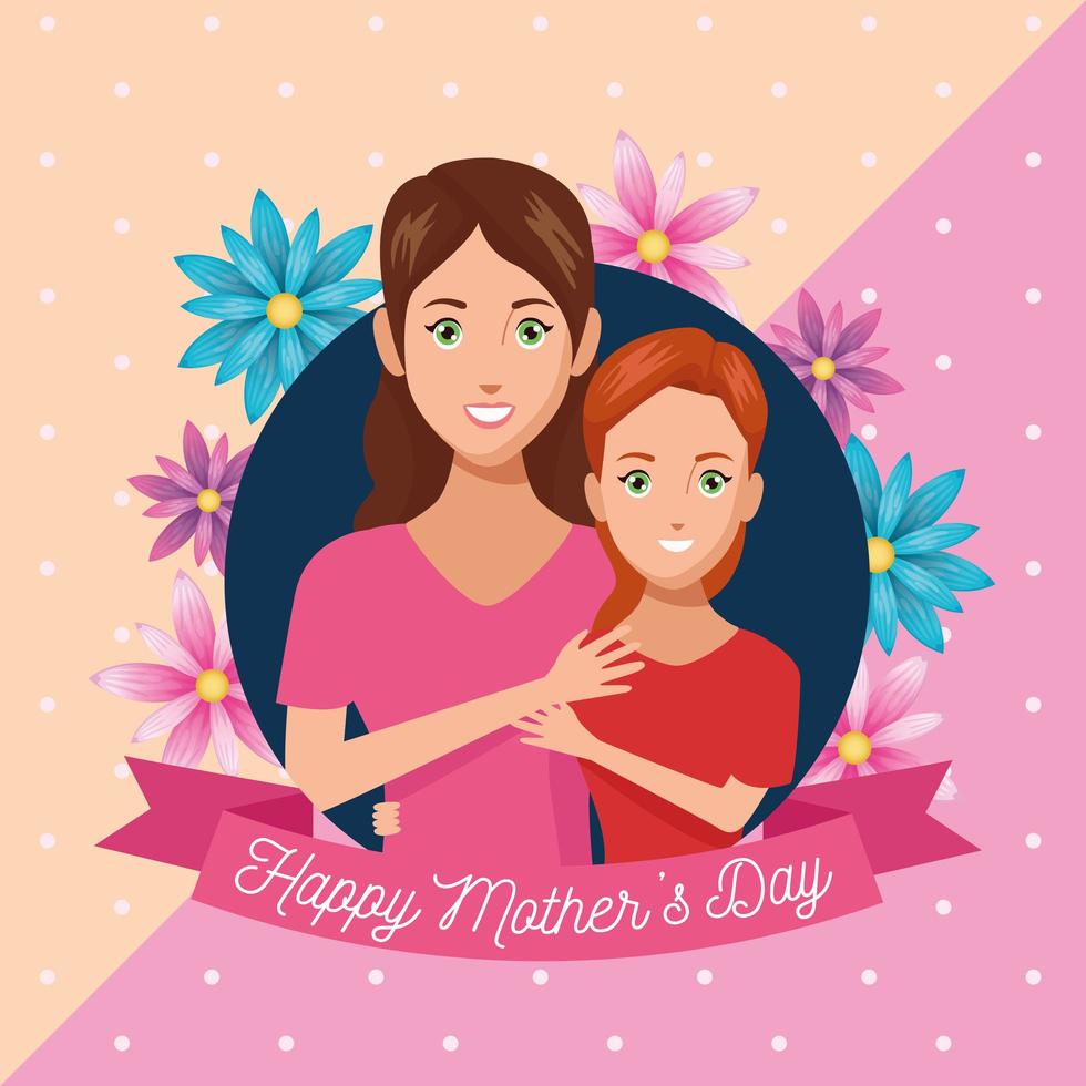 happy mothers day character with daughter and flowers ribbon frame vector